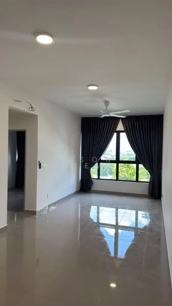 Living features: marble tile flooring, white painted walls, tray ceiling with recessed lighting, 5-blade ceiling fan, floor-to-ceiling windows, blackout curtains, natural light, view of greenery; style: modern; view: garden.