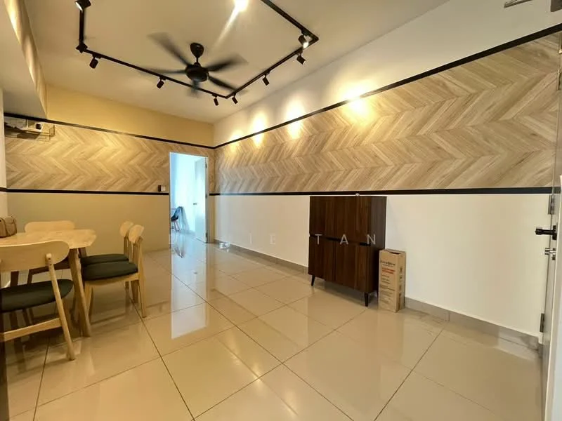 Dining features: rectangular dining table with 4 chairs, ceiling fan, wall-mounted air conditioning unit, white painted walls, wood panel accent wall with herringbone pattern, glossy tile flooring, wooden sideboard cabinet, track lighting; style: modern.