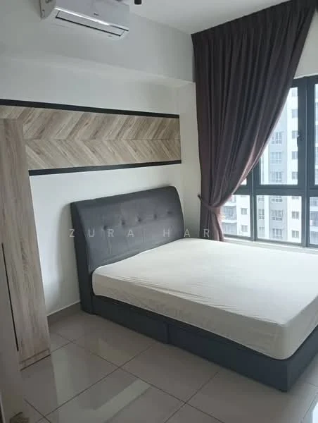 Bedroom features: queen-size bed, upholstered headboard, floor-to-ceiling windows, dark curtains, light grey wall, wood accent wall with chevron pattern, air conditioning unit, glossy tile flooring; style: modern; view: city.