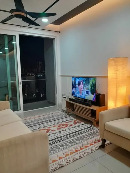 Living features: 3-seater fabric sofa in cream, 2-seater fabric sofa in cream, area rug with geometric pattern, wall-mounted TV, TV console with storage, floor-to-ceiling sliding glass door, ceiling fan with light, decorative floor lamp, wall with light grey paint, white ceiling, grey tile flooring; style: modern; view: city.