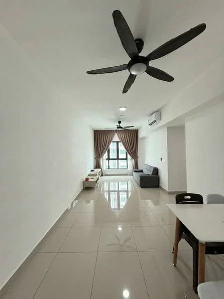 Living features: white painted walls, glossy ceramic tile flooring, 5-blade ceiling fan in black, recessed downlights, floor-to-ceiling windows, curtains in brown, sofa in grey, dining table with chairs, decorative wall, air conditioning unit; style: modern; view: city.