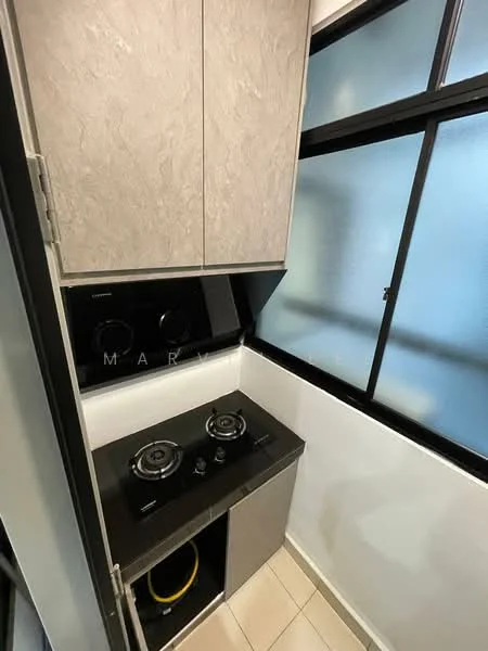 Kitchen features: grey laminate cabinetry, black countertop, two-burner gas hob, built-in oven, single-bowl stainless-steel sink, window with frosted glass, tile flooring, open shelving below countertop; style: modern.