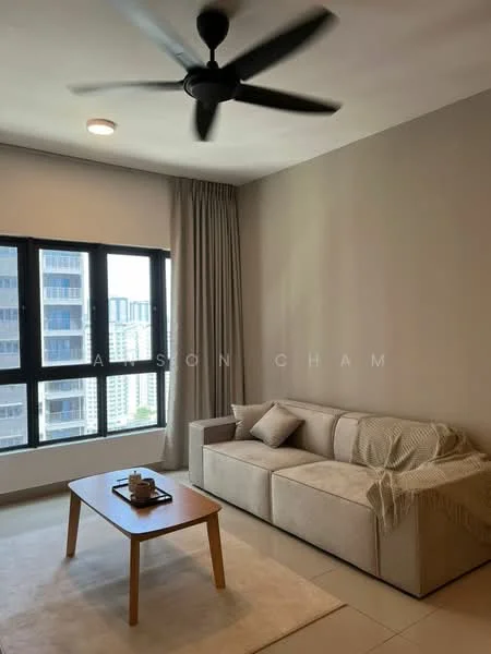 Living features: 3-seater fabric sofa in beige, wooden coffee table, 5-blade ceiling fan with light, floor-to-ceiling windows, sheer curtains, light grey painted walls, cream tiled flooring, decorative throw blanket, decorative cushions; style: modern; view: city.