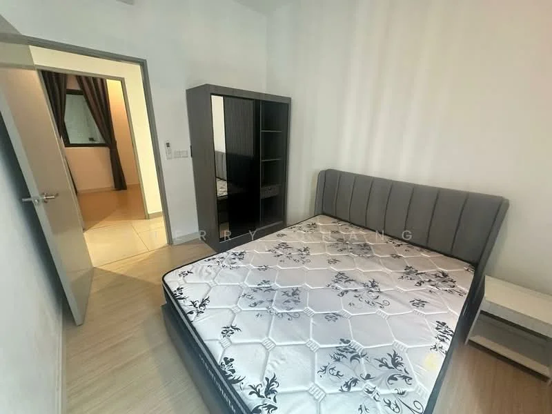 Bedroom features: queen-size bed with upholstered headboard, mattress with floral pattern, nightstand, built-in wardrobe with glass doors, white walls, laminate flooring, window with curtain, light fixture on ceiling; style: modern.