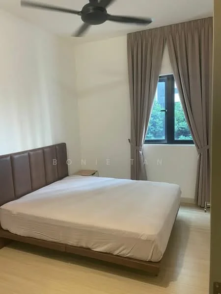 Bedroom features: queen-size bed, upholstered headboard, wooden bed frame, floor-to-ceiling window, sheer curtains, light-colored walls, laminate flooring, 5-blade ceiling fan; style: modern; view: garden.