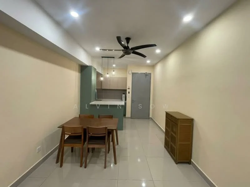Dining features: dining table with four wooden chairs, ceiling fan with light, recessed LED downlights, cream painted walls, glossy ceramic tile flooring, open layout to kitchen, sideboard cabinet, kitchen counter visible in background; style: modern.