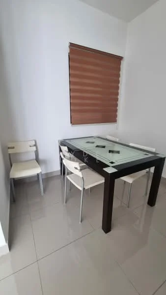 Dining features: glass-top dining table, 4 white dining chairs, brown roller blinds, white painted walls, glossy tile flooring; style: modern.