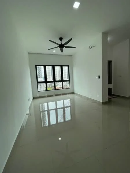 Living features: white painted walls, polished ceramic tile flooring, 5-blade ceiling fan with light, floor-to-ceiling windows, black window frames, natural light, recessed downlights; style: modern; view: city.