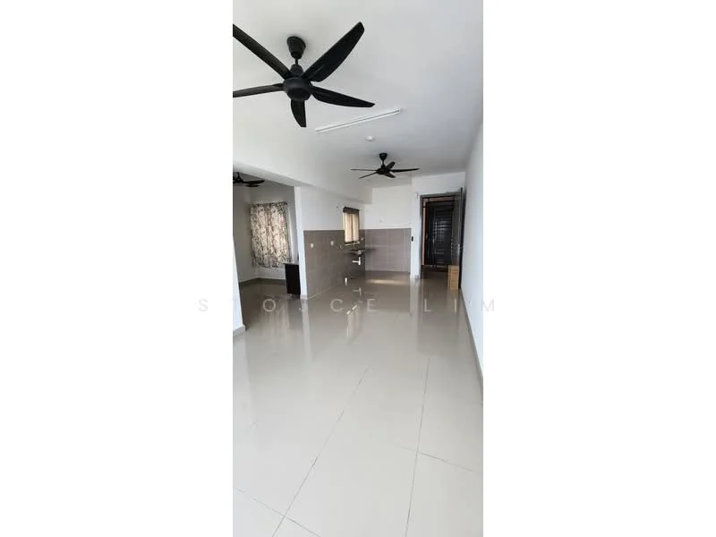 Living features: glossy tile flooring, white painted walls, 5-blade ceiling fan with light, 5-blade ceiling fan with light, large window with sheer curtains, open layout to kitchen, recessed ceiling lights, neutral color palette; style: modern.