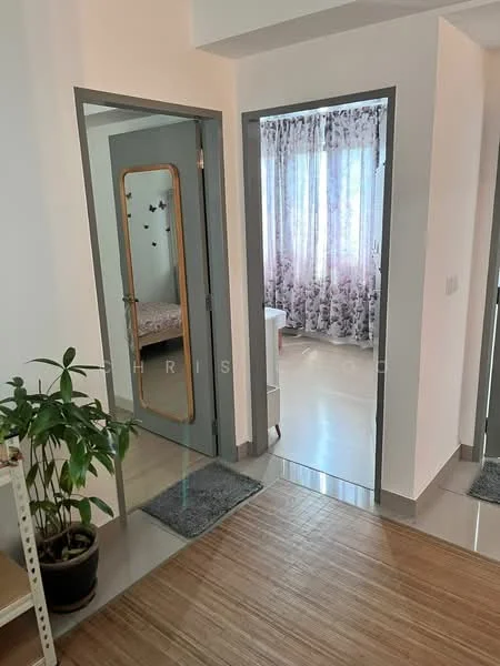 Room features: light-colored walls, wooden flooring, mirrored door, floor-to-ceiling windows with sheer curtains, plant in pot, area rug, open doorways, neutral color scheme; style: modern.