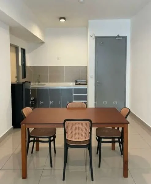 Dining features: wooden dining table, 4 dining chairs, grey tiled flooring, white painted walls, kitchenette with grey cabinets, stainless-steel sink, built-in countertop, refrigerator, wall-mounted light fixture; style: modern.