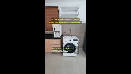 Laundry features: white front-load washing machine, built-in cabinetry with wood finish, black countertop, single-bowl stainless-steel sink, wall-mounted shelf above sink, neutral tile flooring, light-colored walls, power outlet on wall; style: modern.