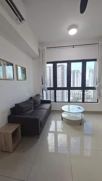 Living features: grey fabric sofa, glass coffee table, floor-to-ceiling windows, white painted walls, tile flooring, curtains, air conditioning unit, city view; style: modern; view: city.