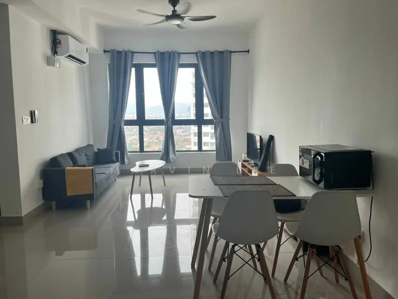 Living features: grey fabric sofa, coffee table, wall-mounted TV, TV console, white walls, glossy tile flooring, 5-blade ceiling fan, floor-to-ceiling windows with city view, curtains, air conditioning unit; style: modern; view: city. Dining features: 4-seater dining table, white dining chairs, microwave, decorative placemat; style: modern.