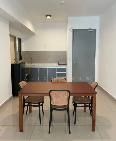 Dining features: wooden dining table, 4 dining chairs with rattan backrest, grey tiled flooring, white painted walls, recessed ceiling light, open kitchen layout, kitchen countertop with grey tiles, black fridge, kitchen cabinets; style: modern.