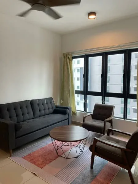 Living features: 3-seater fabric sofa in grey, coffee table with metal base, area rug with geometric pattern, floor-to-ceiling windows, curtains in light green, ceiling fan, recessed ceiling light, tile flooring, wall with white painted finish; style: modern.