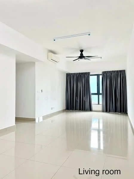 Living features: white painted walls, glossy ceramic tile flooring, 5-blade ceiling fan with light, floor-to-ceiling windows, blackout curtains, air conditioning unit, natural light from window, neutral color scheme; style: modern.
