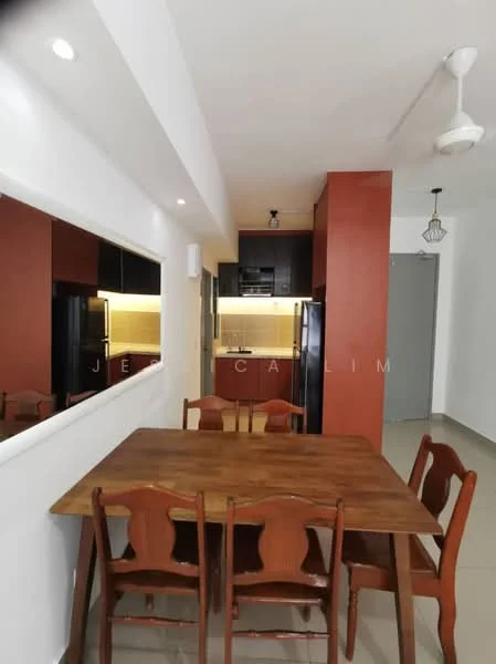 Dining features: wooden dining table, 4 wooden dining chairs, white walls, orange accent wall, recessed lighting, ceiling fan, kitchen area visible in background, black cabinetry, stainless-steel fridge, built-in oven, countertop with under-cabinet lighting; style: modern.