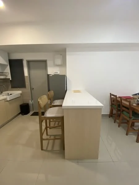 Kitchen features: white cabinetry, light wood countertop, single-bowl stainless-steel sink, chrome pull-down faucet, built-in fridge, stool seating at counter, ceramic tile flooring, recessed downlights, open layout to dining area; style: modern. Dining features: wood dining table, wood dining chairs, ceramic tile flooring; style: modern.