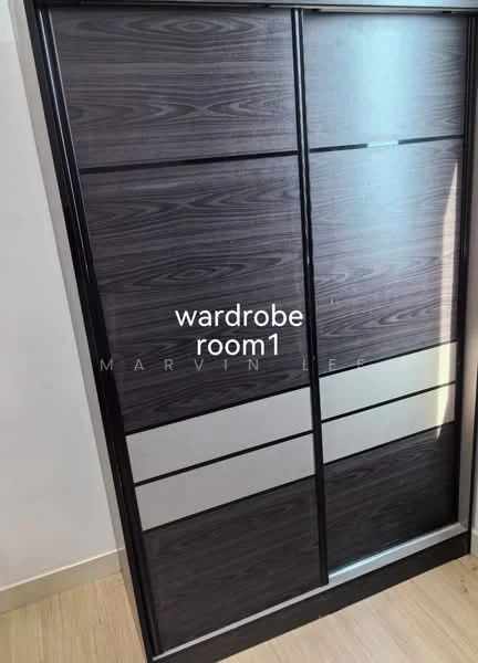 Room features: sliding wardrobe doors, dark wood finish, metal accents, built-in wardrobe, multiple storage compartments, minimalist design, light-colored flooring; style: modern.
