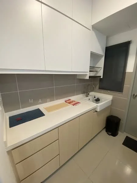 Kitchen features: white upper cabinets, light wood lower cabinets, white countertop, single-bowl stainless-steel sink, chrome pull-down faucet, ceramic tile backsplash, grey wall tiles, light grey floor tiles, built-in shelving, black trash bin; style: modern.
