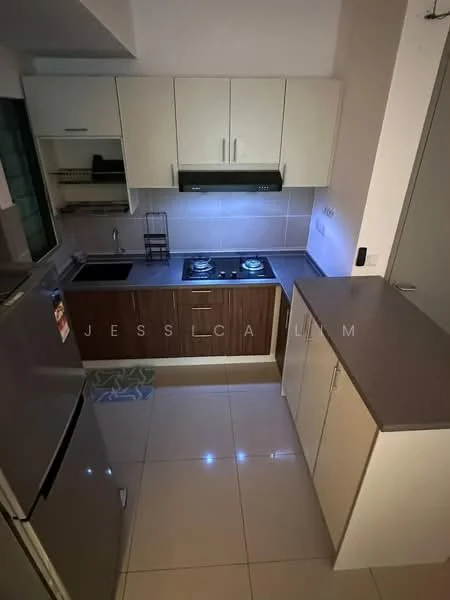 Kitchen features: white upper cabinets, wood lower cabinets, grey countertop, double-bowl stainless-steel sink, chrome pull-down faucet, 2-burner gas hob, built-in range hood, stainless-steel fridge, ceramic tile flooring, recessed downlights, wall-mounted storage rack, kitchen mat; style: modern.
