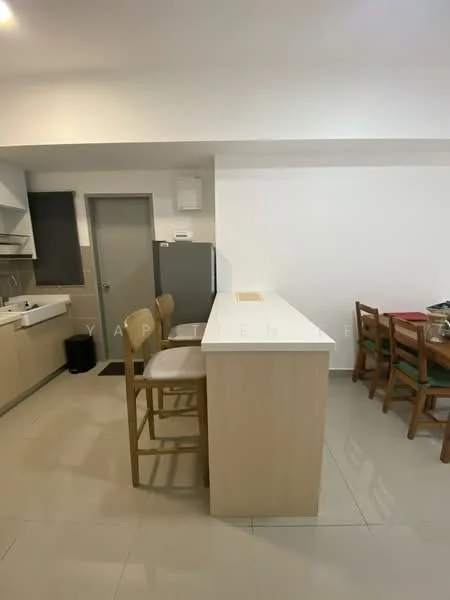 Kitchen features: white cabinetry, marble countertop, single-bowl stainless-steel sink, chrome pull-down faucet, built-in oven, stainless-steel fridge, bar stools, tile flooring, recessed downlights, open layout, dining area adjacent; style: modern.