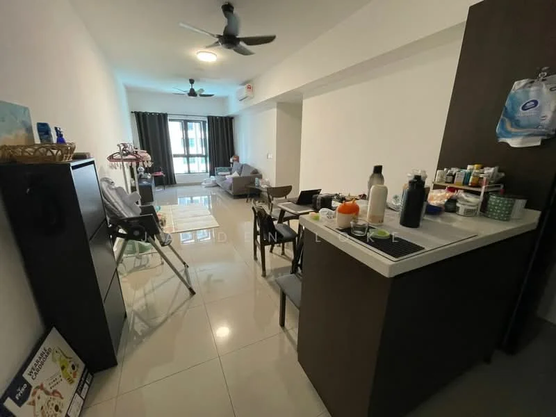 Kitchen features: kitchen island, stainless-steel sink, chrome pull-down faucet, countertop with storage, built-in cabinets, appliances on countertop; style: modern. Living features: 3-seater fabric sofa in grey, coffee table, floor-to-ceiling windows, curtains, ceiling fan, dining table with chairs, tile flooring, decorative items on shelves; style: modern.