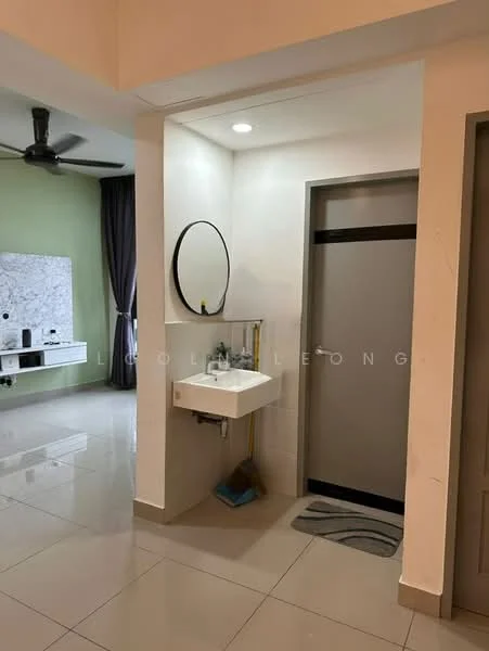 Bathroom features: wall-mounted sink, round mirror, chrome faucet, grey tiled flooring, white walls, sliding door, ceiling light, cleaning supplies visible; style: modern. Living features: green accent wall, grey curtains, white TV console, marble wall feature, recessed lighting, ceiling fan, ceramic tile flooring; style: modern.