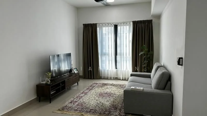 Living features: 3-seater fabric sofa in grey, coffee table, wall-mounted TV, TV console in wood, area rug with traditional pattern, floor-to-ceiling windows, sheer curtains, dark brown curtains, ceiling fan with light, decorative plant in pot, light-colored walls, tile flooring; style: modern.