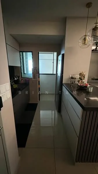 Kitchen features: white cabinetry, black countertop, stainless-steel appliances, built-in oven, refrigerator, single-bowl stainless-steel sink, chrome pull-down faucet, tile flooring, pendant lighting, window with natural light, open shelving, kitchen island, wall-mounted cabinets; style: modern.