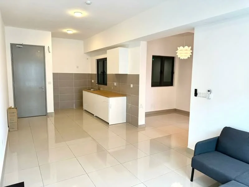 Living features: white painted walls, grey tiled flooring, recessed downlights, floor-to-ceiling windows, sliding glass door, sofa in grey fabric, wall-mounted intercom, air conditioning unit; style: modern. Kitchen features: white cabinetry, wood countertop, grey tiled backsplash, stainless-steel sink, chrome pull-down faucet, built-in oven, freestanding range oven, refrigerator; style: modern.