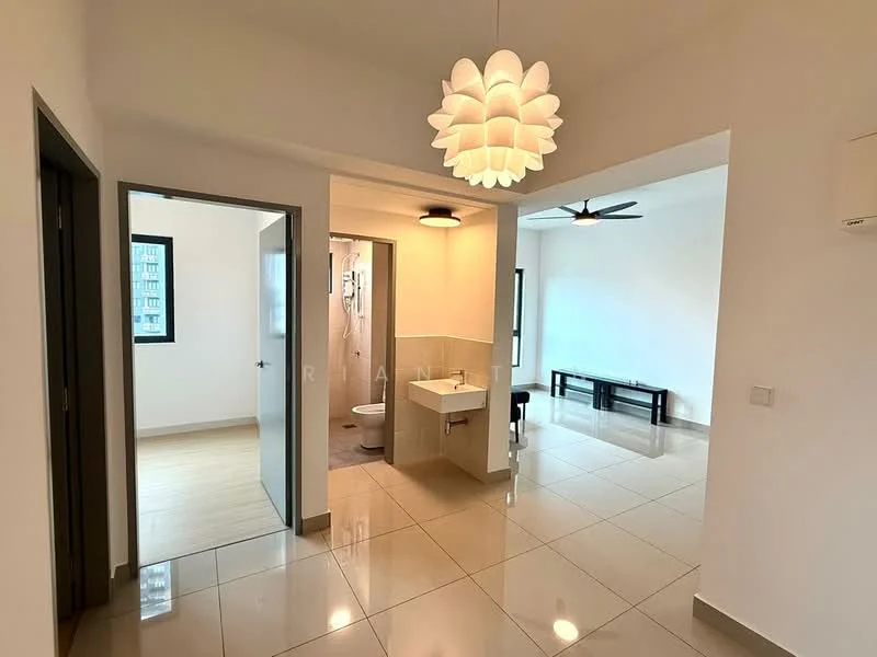 Room features: white painted walls, glossy ceramic tile flooring, ceiling light fixture, 5-blade ceiling fan, doorway leading to bathroom, doorway leading to another room, window with black frame, open layout; style: modern.
