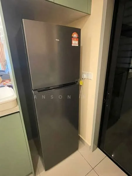 Kitchen features: stainless-steel fridge, grey finish, double-door design, built-in cabinetry, white tiled flooring, green cabinetry, countertop, wall-mounted electrical outlet; style: modern.