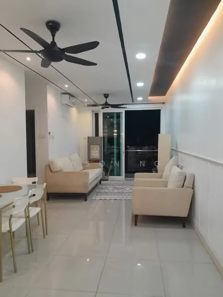 Living features: 2-seater fabric sofa in beige, 3-seater fabric sofa in beige, area rug with geometric pattern, glass sliding door, floor-to-ceiling windows, white painted walls, recessed downlights, ceiling fan, marble tile flooring, dining table with white chairs, decorative wall paneling, balcony view; style: modern; view: city.