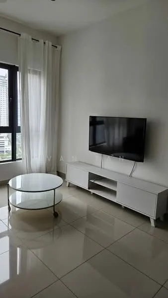 Living features: white painted walls, glossy ceramic tile flooring, floor-to-ceiling windows, sheer curtains, wall-mounted TV, white TV console, glass coffee table, modern minimalist decor; style: modern; view: city.
