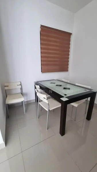 Dining features: glass-top dining table, 4 white dining chairs, brown roller blinds, white painted walls, glossy tile flooring; style: modern.