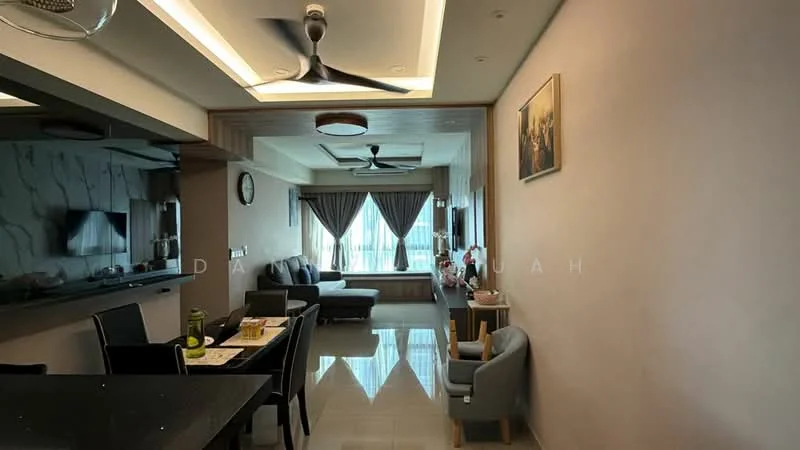 Living features: 5-blade ceiling fan with light, recessed downlights, grey accent wall, cream painted walls, floor-to-ceiling windows, sliding glass door, curtains, sofa in grey, coffee table, dining table with chairs, wall clock, decorative artwork, tile flooring, area rug; style: modern; view: city.