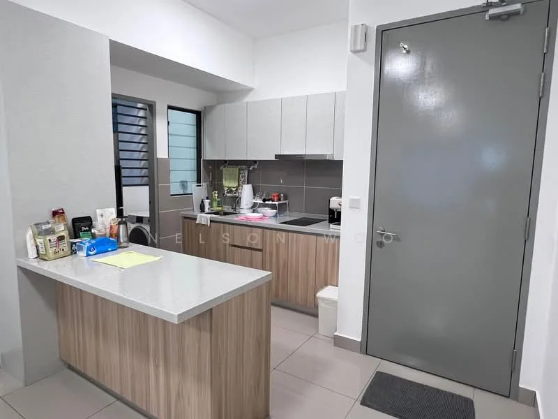 Kitchen features: grey cabinetry, light wood cabinetry, white countertop, stainless-steel sink, chrome faucet, built-in stove, microwave, refrigerator, tile flooring, wall-mounted cabinets, open shelving, window with grid pattern, door with handle; style: modern.