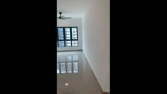 Room features: white painted walls, glossy tile flooring, ceiling fan, floor-to-ceiling windows, natural light from windows; style: modern; view: city.