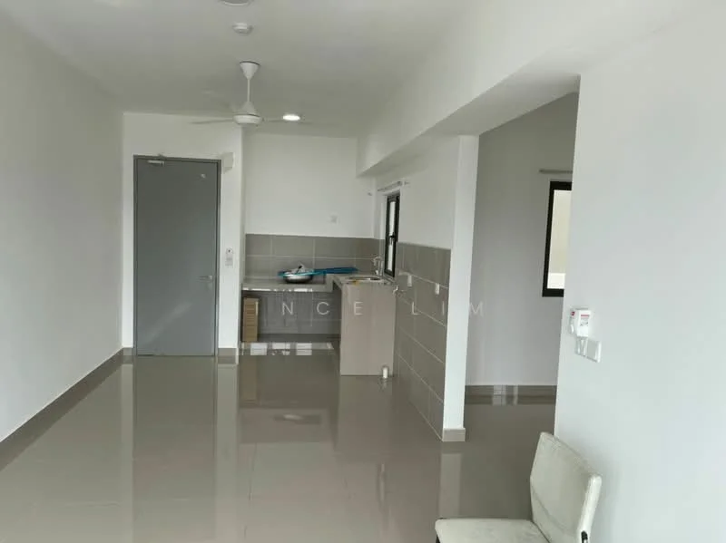Room features: white painted walls, grey tiled flooring, recessed downlights, ceiling fan, window with black frame, kitchenette with countertop, sink, stainless-steel faucet, open layout, door to hallway; style: modern.