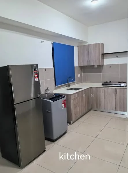 Kitchen features: stainless-steel fridge, grey cabinetry, white countertop, single-bowl stainless-steel sink, chrome pull-down faucet, built-in gas hob, wall-mounted kitchen cabinet, tile backsplash, ceramic tile flooring, window with blue curtain, washing machine; style: modern.