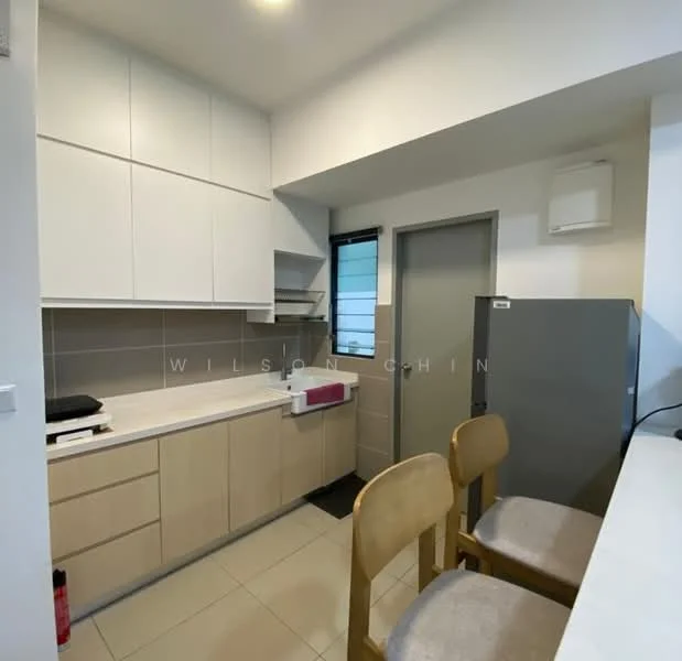 Kitchen features: white cabinetry with flat-panel doors, light wood lower cabinets, grey tiled backsplash, stainless-steel fridge, single-bowl stainless-steel sink, chrome pull-down faucet, countertop with overhang for seating, two wooden bar stools, wall-mounted air conditioning unit, window with grid pattern, light-colored tile flooring, built-in shelving above countertop; style: modern.