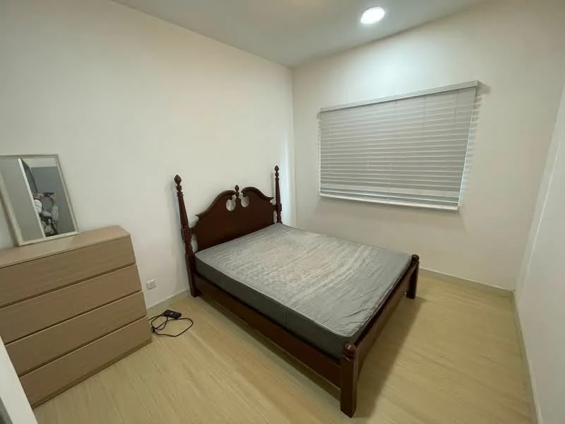 Bedroom features: wooden bed frame, queen-size bed, light grey mattress, blinds on window, light-colored walls, laminate flooring, mirror on dresser, chest of drawers, ceiling light fixture; style: modern.
