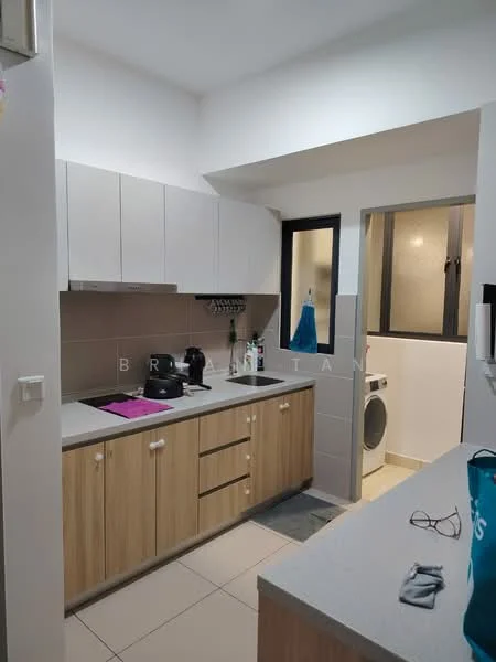 Kitchen features: white upper cabinets, wood lower cabinets, grey countertop, stainless-steel sink, chrome pull-down faucet, built-in stove, black kettle, black coffee machine, washing machine, tile backsplash, ceramic tile flooring, window with black frame, light fixture, open shelving; style: modern.