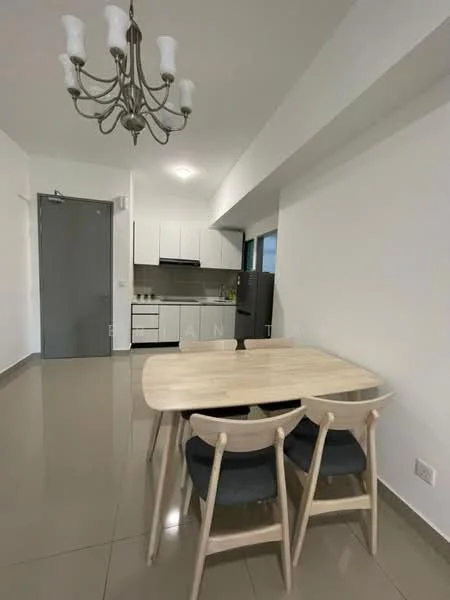 Kitchen features: white painted walls, grey tiled flooring, ceiling light fixture with multiple bulbs, kitchen cabinets with white finish, black countertop, stainless-steel fridge, built-in oven, 4-burner gas hob, dining table with light wood finish, 4 dining chairs with grey upholstery; style: modern.