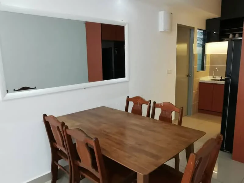 Dining features: wooden dining table, 6 wooden dining chairs, large wall mirror, white painted walls, grey tile flooring, kitchen cabinetry in red, black refrigerator, built-in kitchen lighting; style: modern.