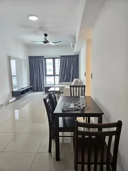 Living features: white painted walls, glossy tile flooring, 5-blade ceiling fan with light, floor-to-ceiling windows, grey curtains, sofa in cream color, TV console, wall-mounted TV, coffee table, dining table with 4 chairs; style: modern; view: city.