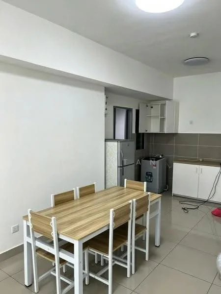 Dining features: 6-seater dining table with wooden top, white chairs, white painted walls, cream tiled flooring, refrigerator, built-in cabinets, grey backsplash, countertop with storage, window, ceiling light; style: modern.