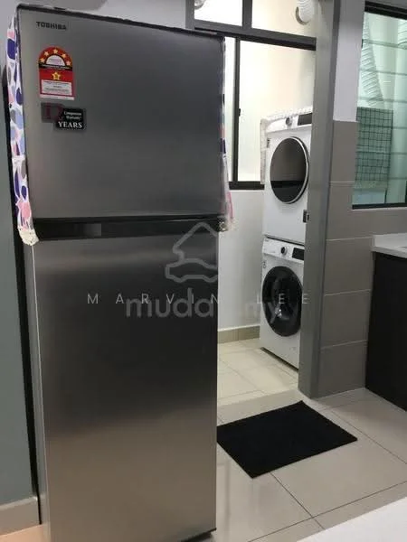 Kitchen features: stainless-steel fridge, front-load washing machine, black mat, white cabinetry, grey tiled backsplash, countertop with sink, window with natural light, ceramic tile flooring; style: modern.